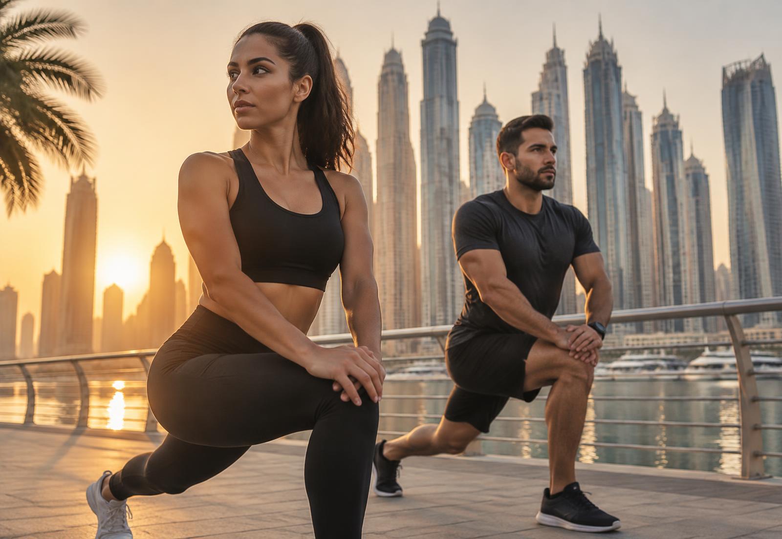 Personal trainer and client stretching on the Dubai Marina promenade at sunrise